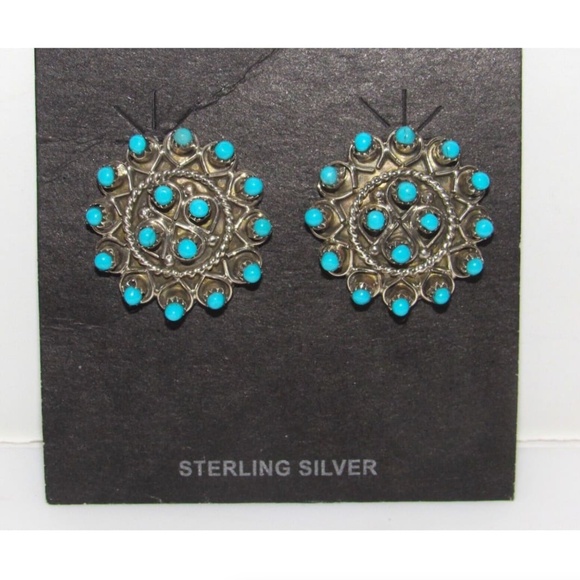 Zuni Snake Eye Turquoise Post Stud Earrings Sterling Silver Native American - Picture 1 of 4